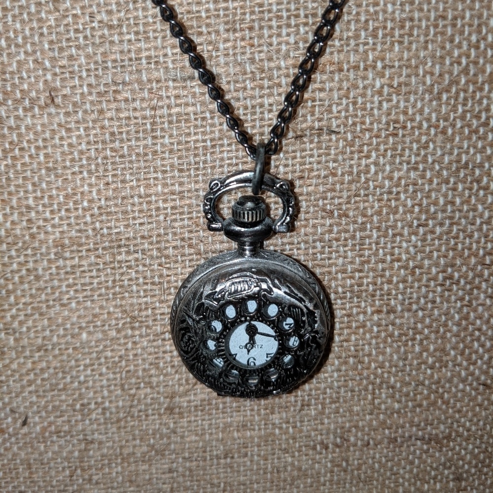 Black metal locket watch necklace
